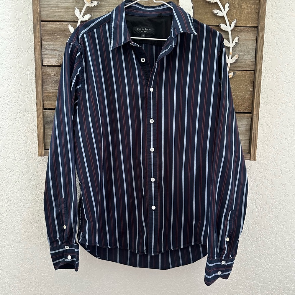Rag & Bone Men's Rove Cotton Stripe Shirt in Stripe/Navy Size Large